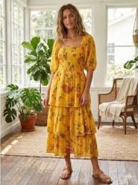 NWT 🌻 J Gee yellow floral tiered maxi dress 🌻